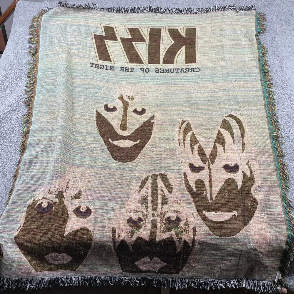 KISS Woven Blanket Unisex OS Black Creatures of the Night Tapestry Throw Fringed